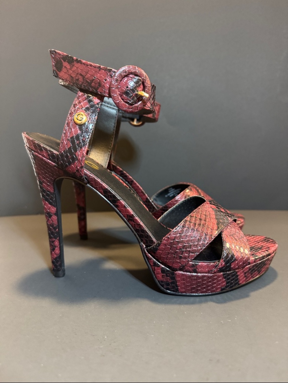 G by Guess Red Snakeskin Ankle-Strap Platform Heels - Picture 5 of 12